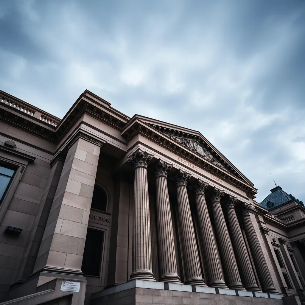 A low angle shot of a grand stone central bank building with