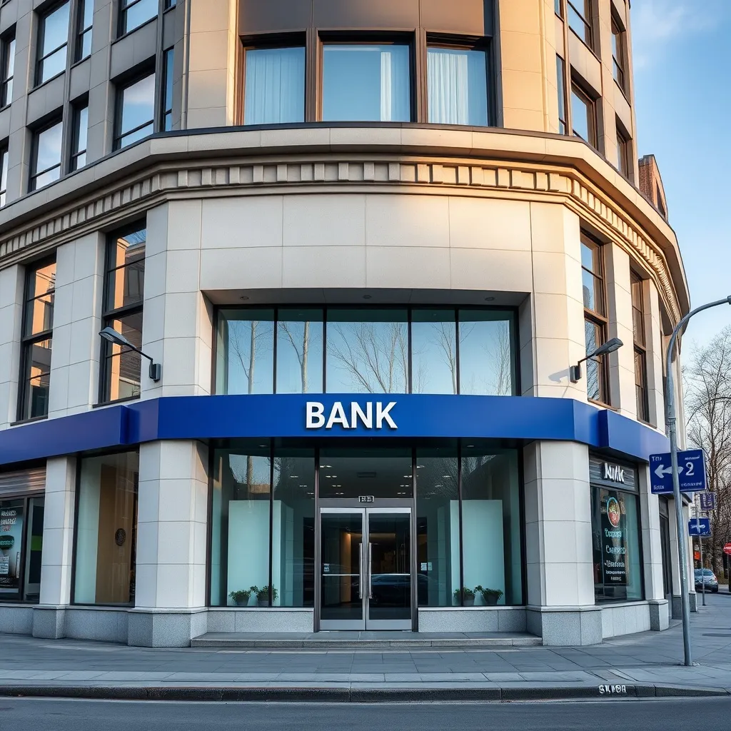 A professional photo of a modern bank building exterior in a