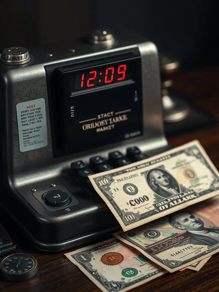 A close up shot of a vintage stock market ticker tape machin
