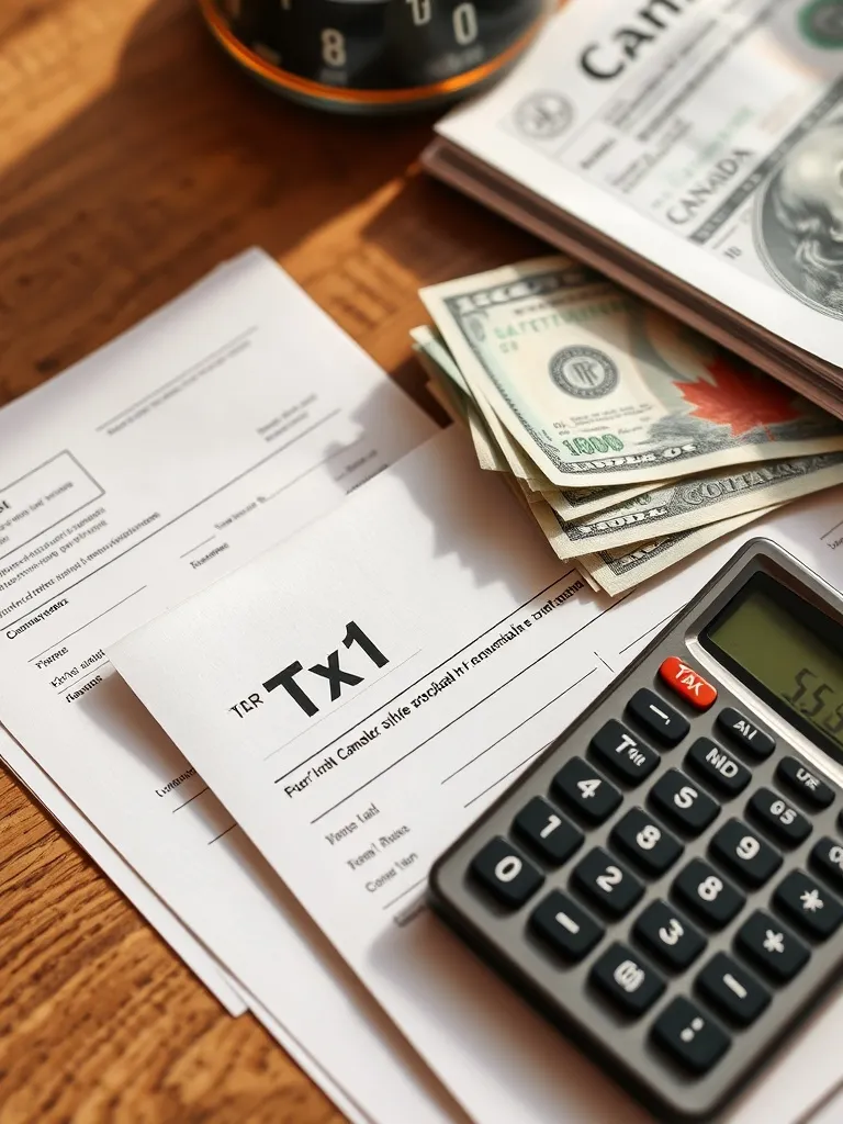A close-up of Canadian tax forms T1, a calculator, and some