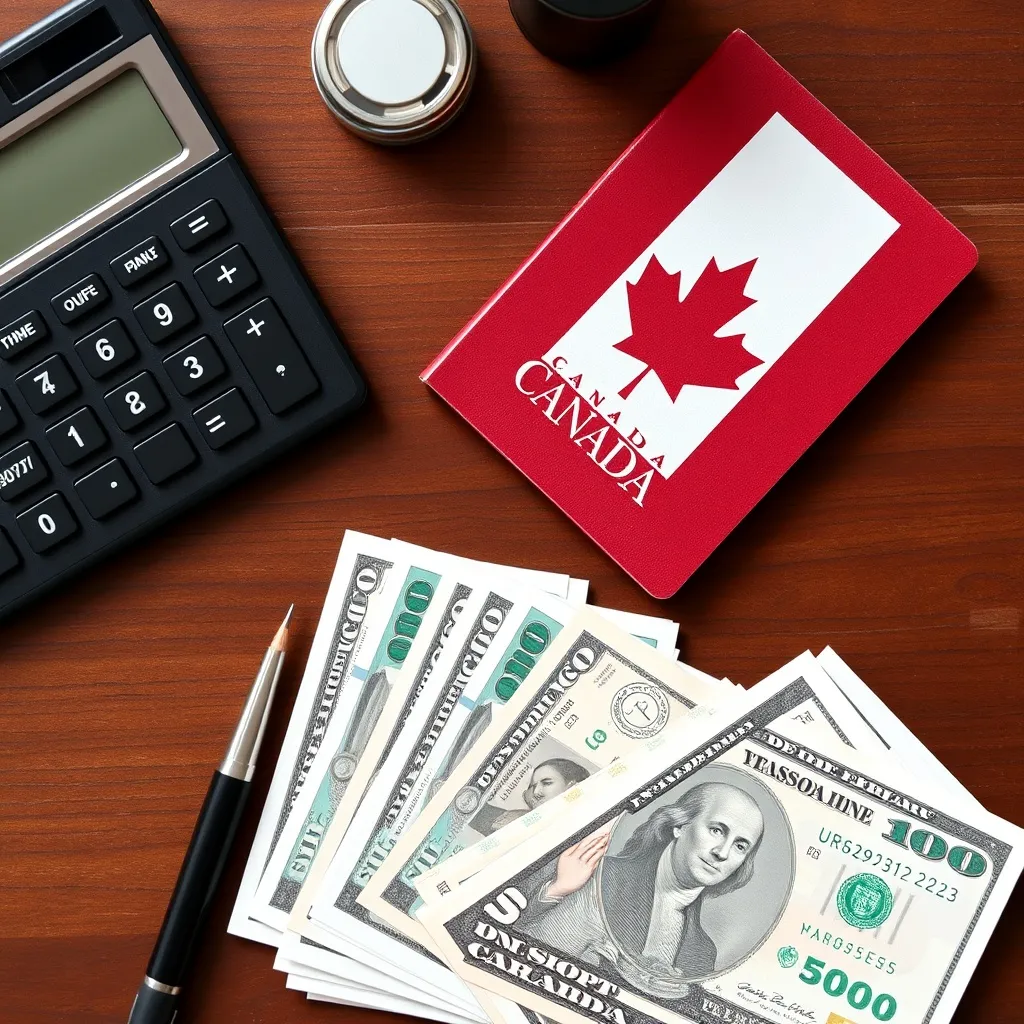 A professional wooden desk with a calculator, a Canadian pas