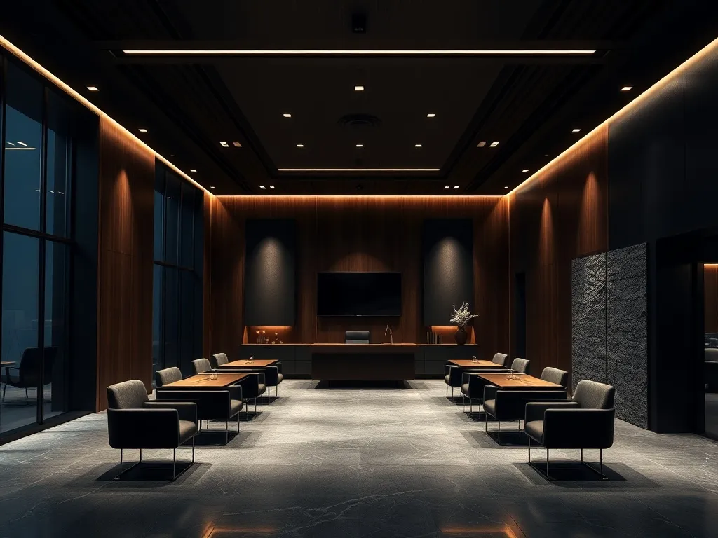 A professional, minimalist banking office interior with dark